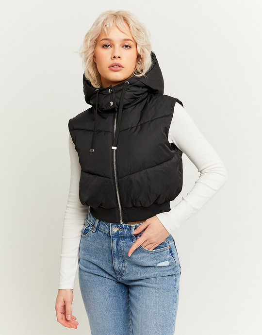 Black Cropped Padded Vest with Removable Hood | TALLY WEiJL