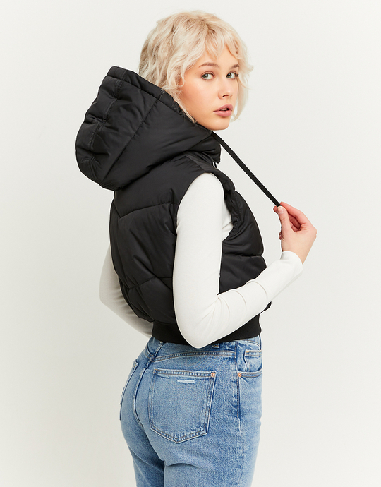 Black Cropped Padded Vest with Removable Hood | TALLY WEiJL