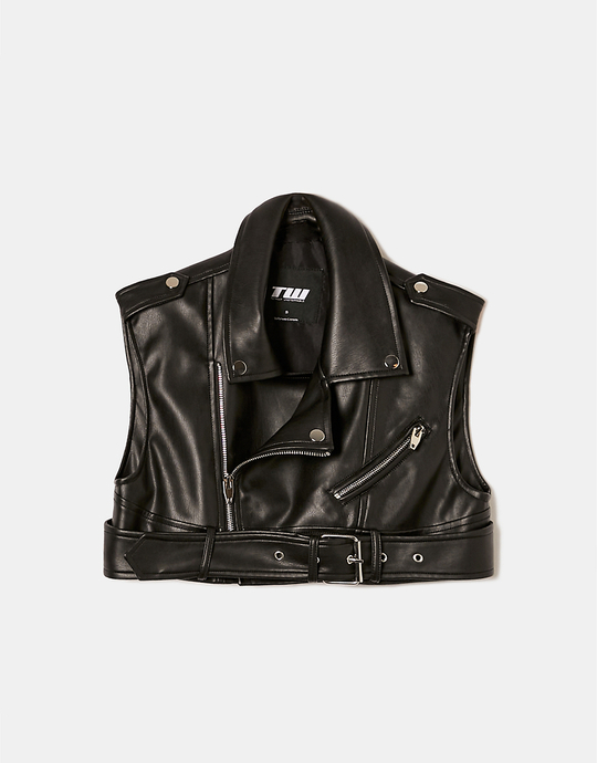 Black Faux Leather Biker Vest | TALLY WEiJL