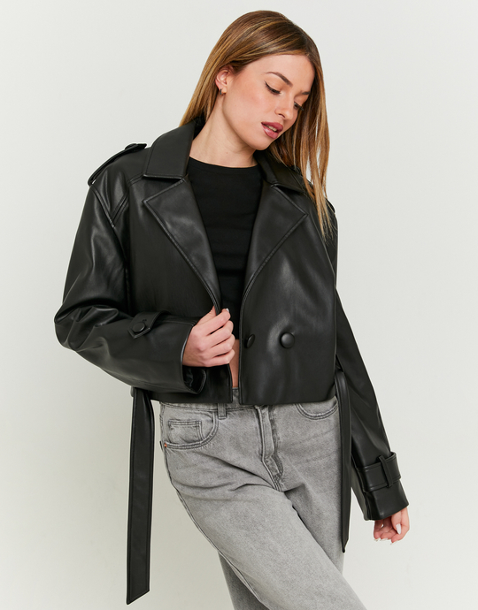 Black Faux Leather Cropped Trenchcoat | TALLY WEiJL