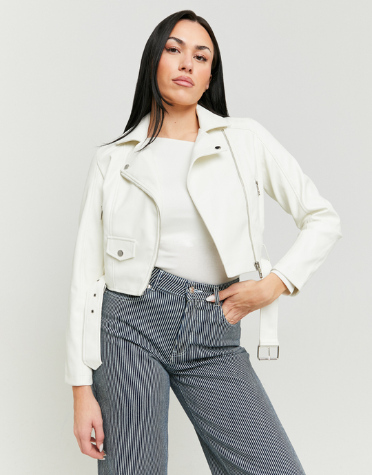 Off-White Faux Leather Biker Jacket | TALLY WEiJL