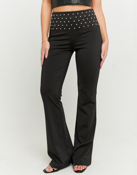 Black Mid Waist Flare Leggings with Studs | TALLY WEiJL