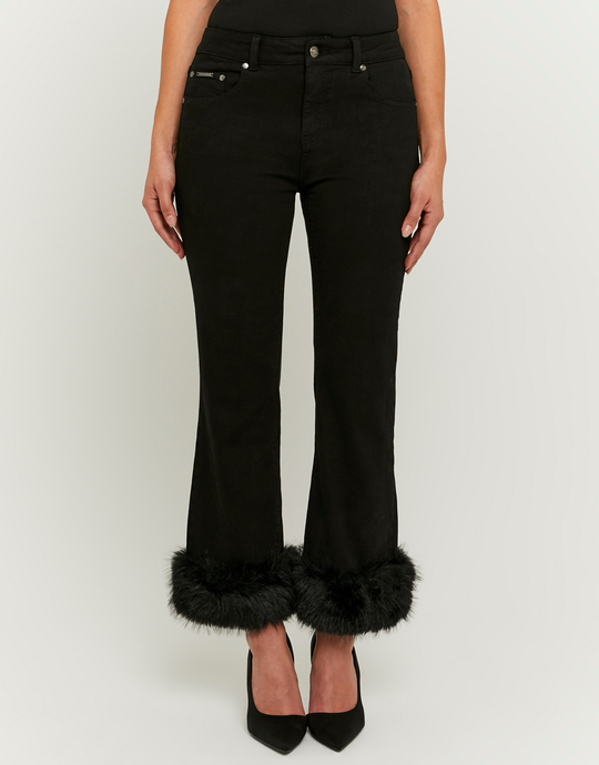 Jeans Flare Corti Neri a Vita Media con Pelliccia Sintetica | TALLY WEiJL