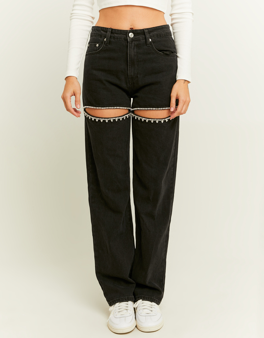 Schwarze Straight Leg Jeans mit Strass Cut Outs | TALLY WEiJL