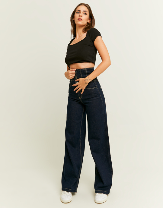 Dark Wash Wide Leg Jeans with Waistband Detail | TALLY WEiJL