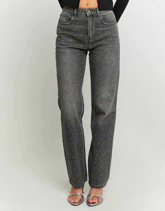 Grey Straight Leg Jeans with Strass | TALLY WEiJL
