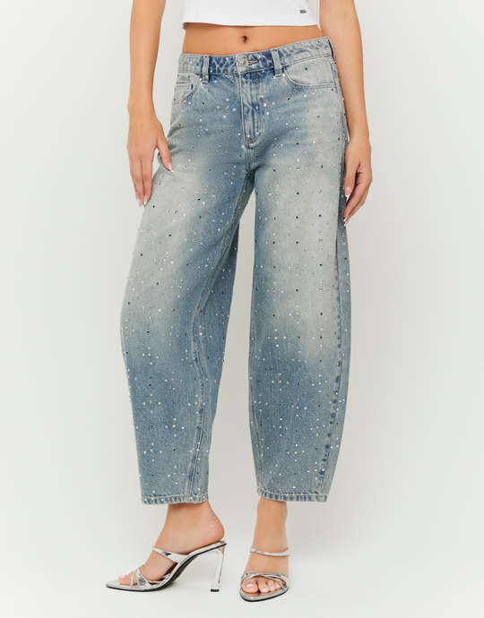 Blaue Barrel Jeans mit Strasssteinen | TALLY WEiJL