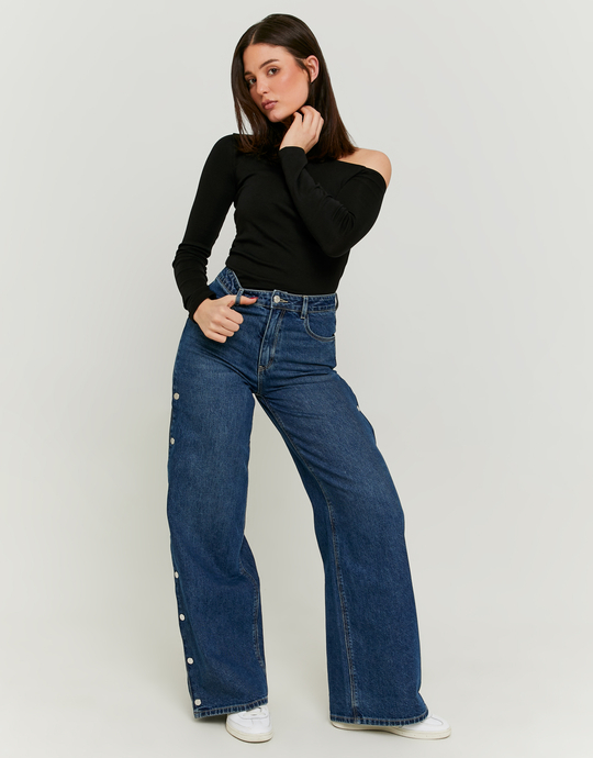 Dark Blue Wide Leg Jeans with Snap Buttons | TALLY WEiJL