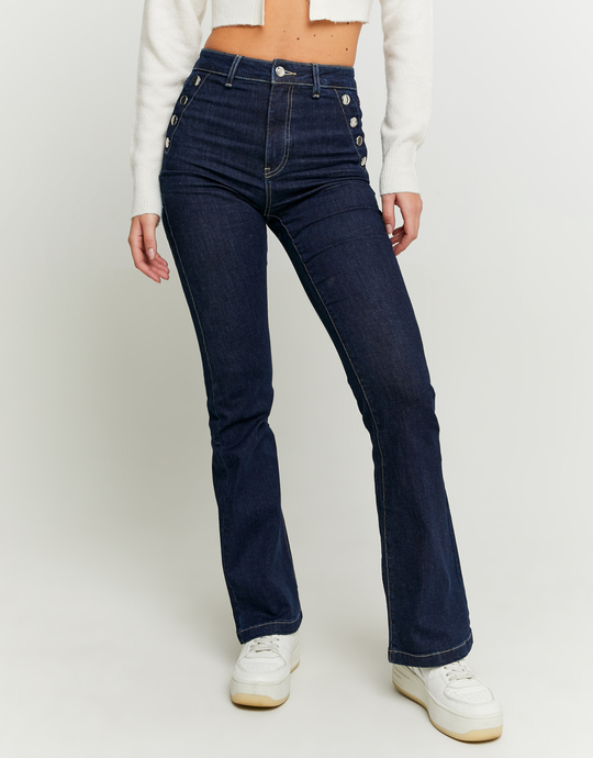 Dunkelblaue High Waist Flare Jeans mit seitlichen Knöpfen | TALLY WEiJL