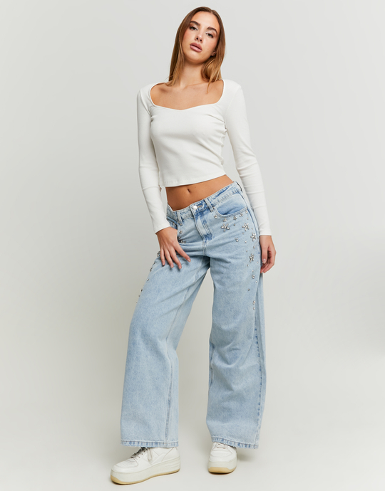 Jean Baggy Bleu Clair Taille Basse avec Strass | TALLY WEiJL