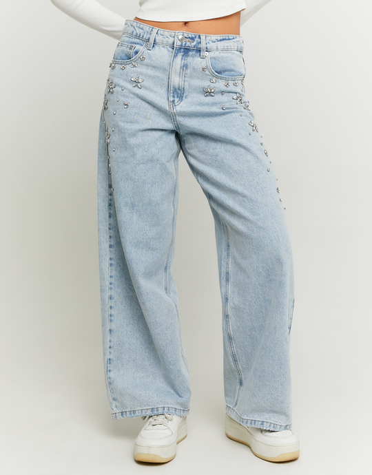 Jean Baggy Bleu Clair Taille Basse avec Strass | TALLY WEiJL