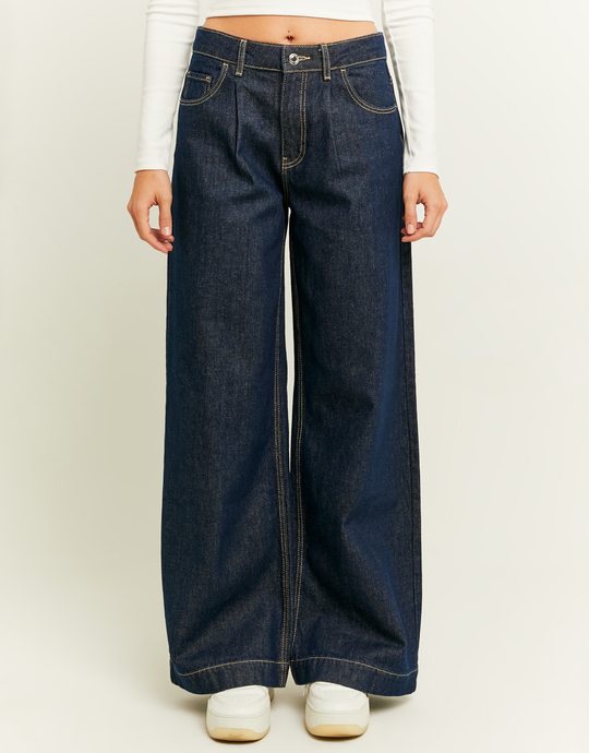 Dunkelblau Wide Leg Jeans mit Falten-Details | TALLY WEiJL
