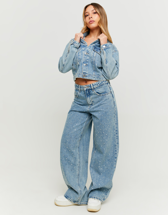 Jean Baggy Bleu Taille Mi-Haute à Carreaux en Strass | TALLY WEiJL