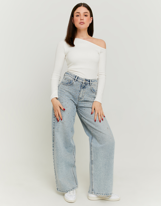 Jean Baggy Bleu Clair Taille Mi-Haute Clouté | TALLY WEiJL