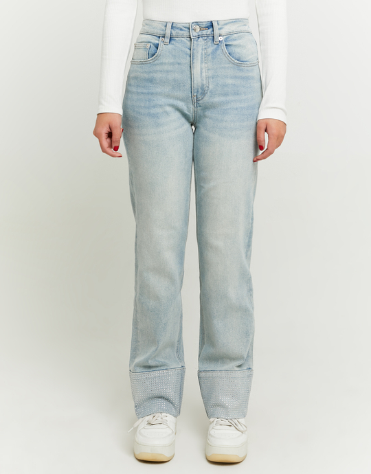 Hellblaue High Waist Cropped Flare Jeans mit Strass | TALLY WEiJL