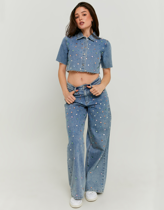 Blue Mid Waist Baggy Jeans with Rhinestones | TALLY WEiJL