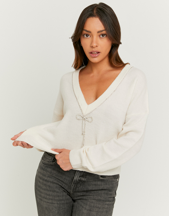 Maglione Bianco a Maglia con Fiocco Strass | TALLY WEiJL