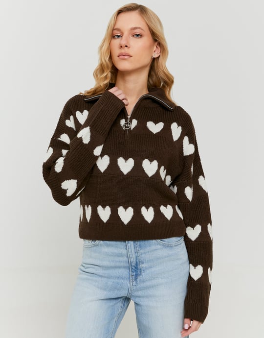 Brown Knitted Zip-Up Jumper with Hearts | TALLY WEiJL