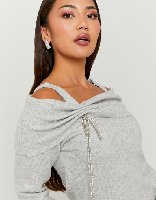 Grey Off Shoulder Knitted Jumper | TALLY WEiJL
