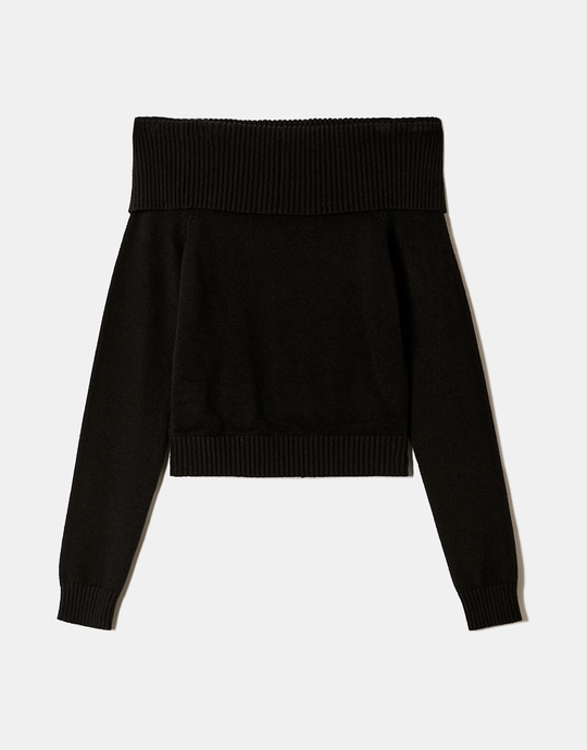 Black Fitted Knit Jumper with Off-Shoulder Fold | TALLY WEiJL
