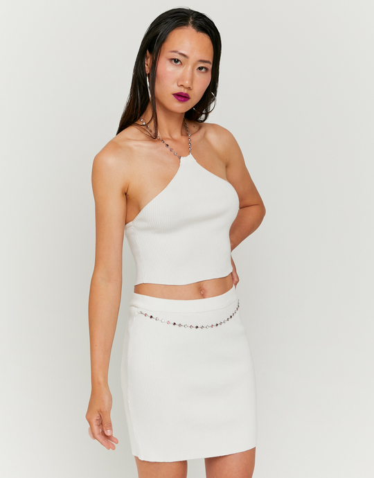 White Knitted Top Openback with Rhinestones Necklace | TALLY WEiJL