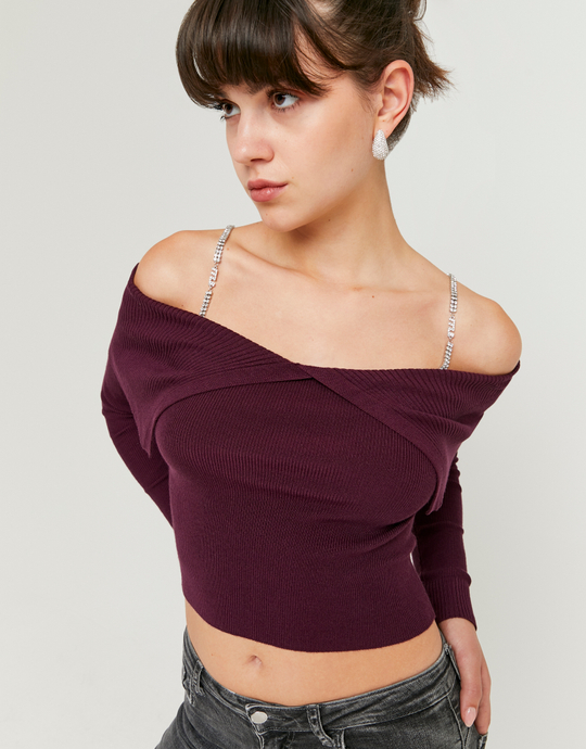 Pull en Maille Bordeaux Avec Strass | TALLY WEiJL