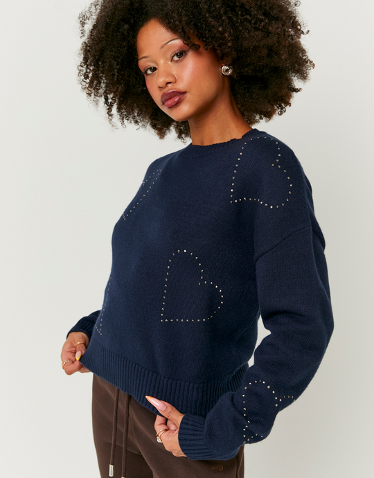 Blue Knitted Jumper with Rhinestone Details | TALLY WEiJL