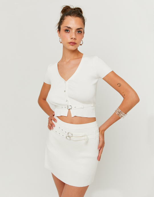 White Knitted Skort with Double Belt | TALLY WEiJL