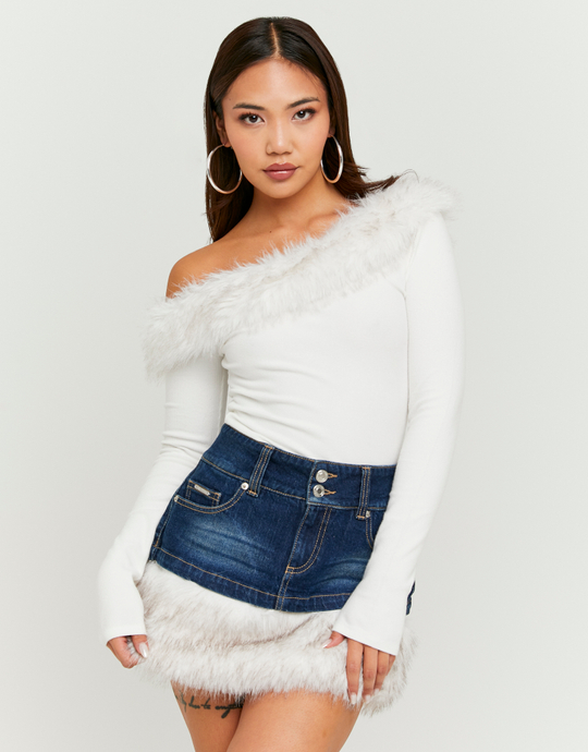 Blue Denim Mini Skort with Faux Fur | TALLY WEiJL