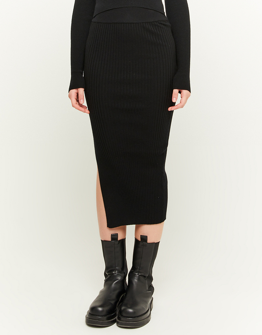 Black Ribbed Midi Skirt with Slit | TALLY WEiJL