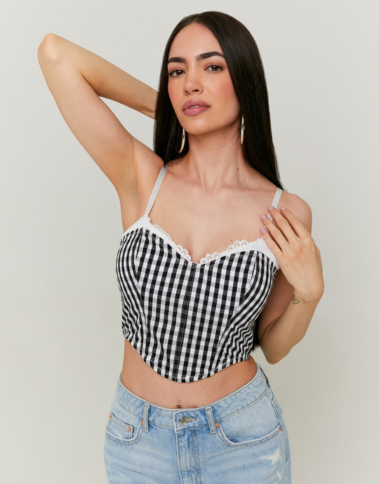 Crop Top Imprimé Vichy avec Ourlet en Dentelle | TALLY WEiJL