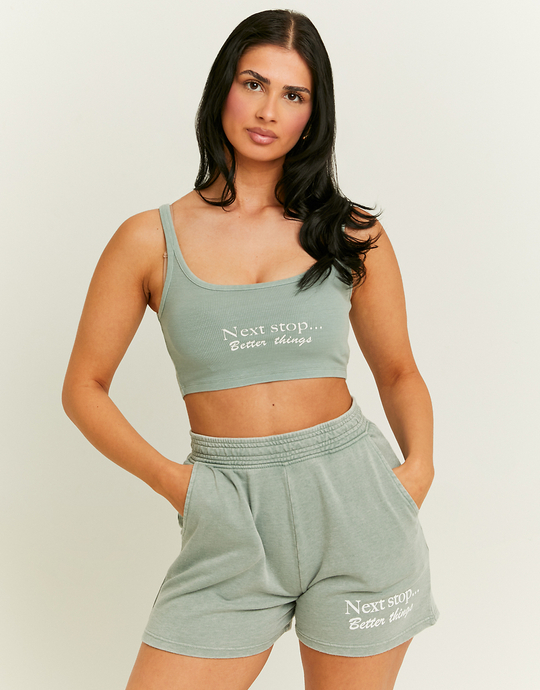 Khaki Cropped Printed Tank Top | TALLY WEiJL