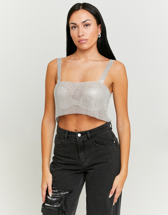 Silberfarbenes Metallic Top mit Strass | TALLY WEiJL