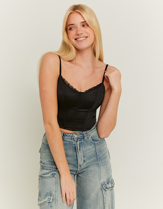 Czarny satynowy gorset z koronkowymi detalami | TALLY WEiJL
