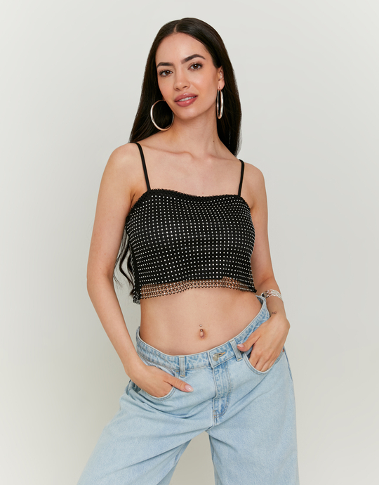 Schwarzes Netz-Top mit Strass | TALLY WEiJL
