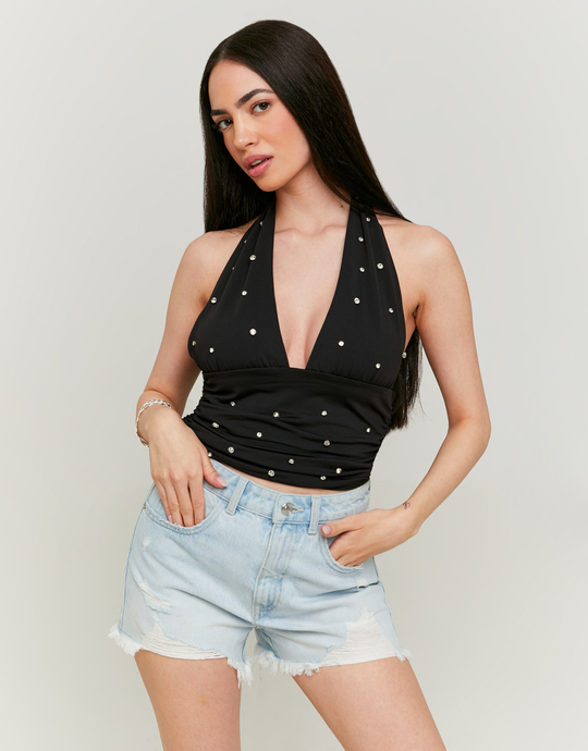 Schwarzes Crop-Top mit Strass | TALLY WEiJL