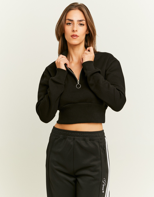 Black Zip Up Cropped Sweatshirt | TALLY WEiJL