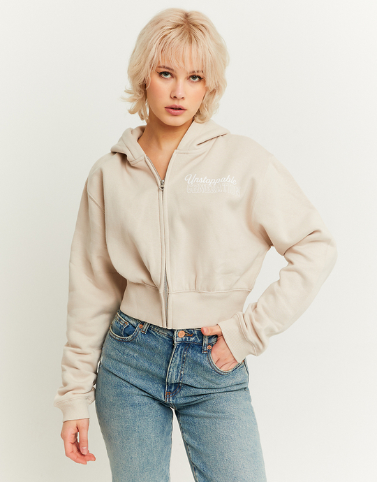 Beige bedruckter Cropped Kapuzenpullover | TALLY WEiJL