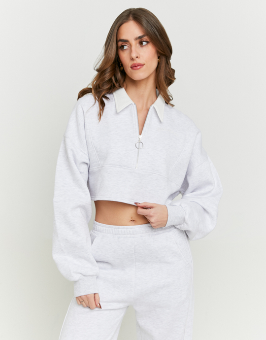 Light Grey Sweatshirt with Polo Neck | TALLY WEiJL