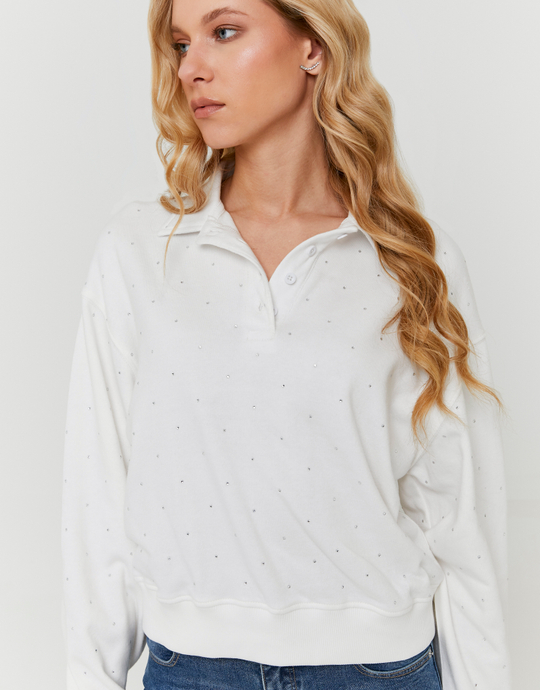 White Buttoned Sweatshirt with Rhinestones | TALLY WEiJL