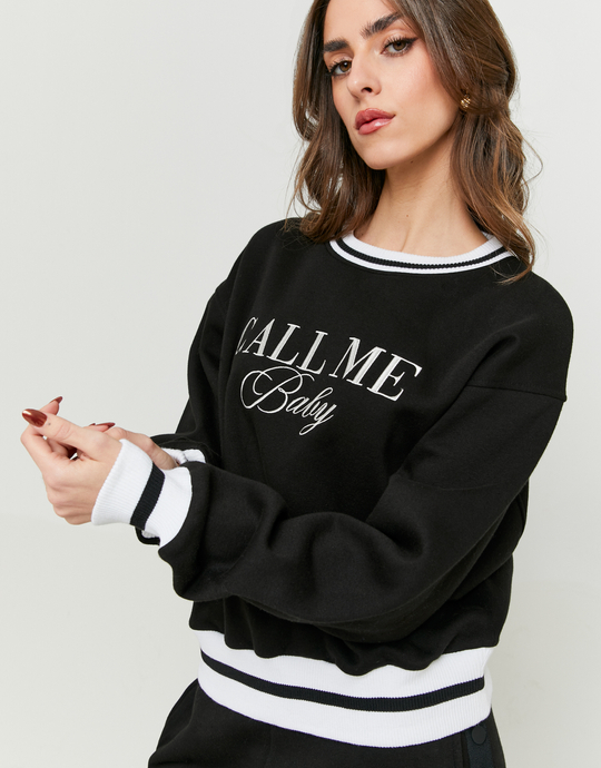 Black Printed Sweatshirt with White Stripes | TALLY WEiJL