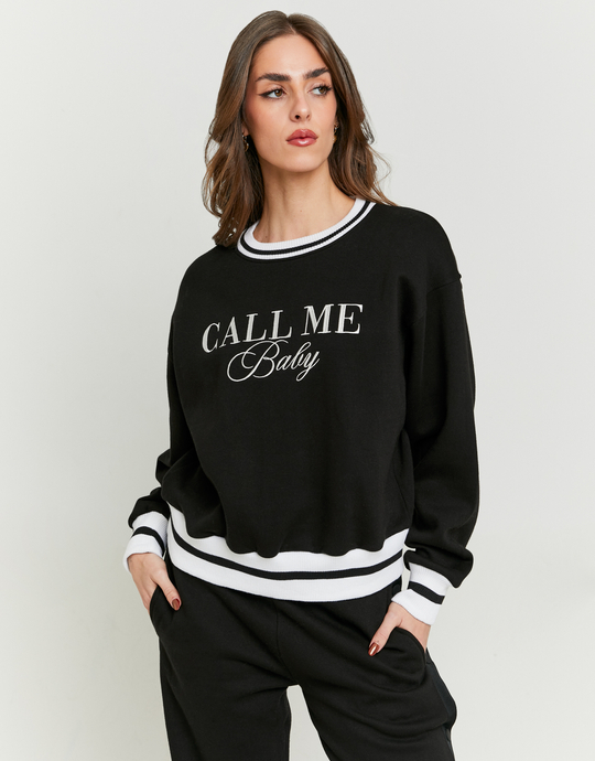Black Printed Sweatshirt with White Stripes | TALLY WEiJL