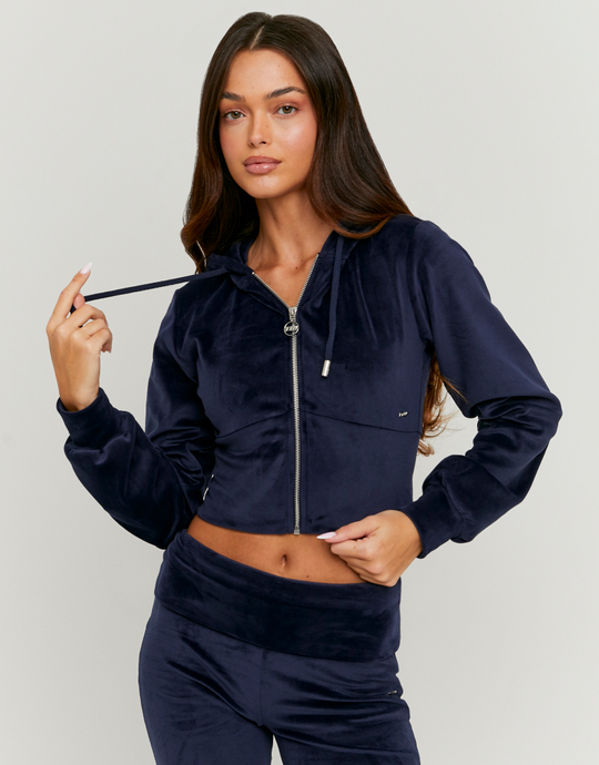 Blue Cropped Velvet  Zip Up Hoodie | TALLY WEiJL