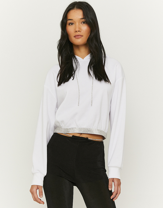 Biała krótka bluza z kapturem i kryształkami | TALLY WEiJL