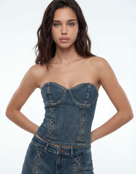Blue Denim Lace-Up Top | TALLY WEiJL
