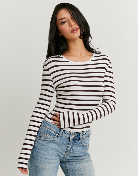 T-shirt Basique Blanc à Rayures à Manches Longues | TALLY WEiJL