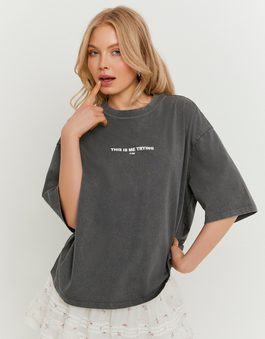 T-shirt oversize grigia con stampa | TALLY WEiJL