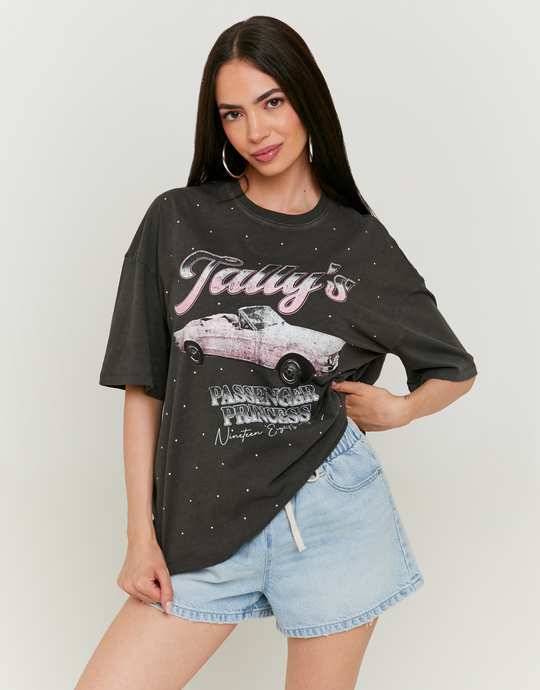 Dark Grey Printed T-shirt with Strass | TALLY WEiJL