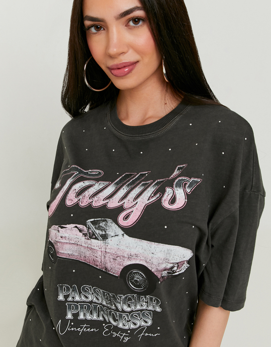 Dark Grey Printed T-shirt with Strass | TALLY WEiJL