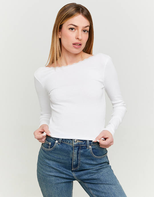 Weisses rückenfreies T-Shirt mit Spitzentrim | TALLY WEiJL